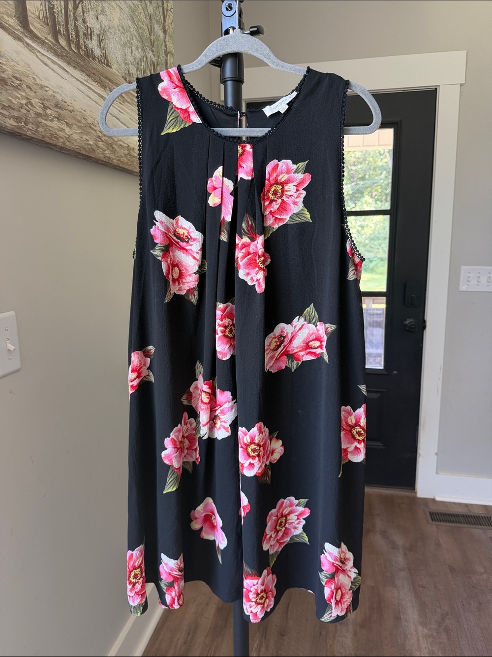 Umgee Black Sleeveless Shift Dress with Pink Floral Print